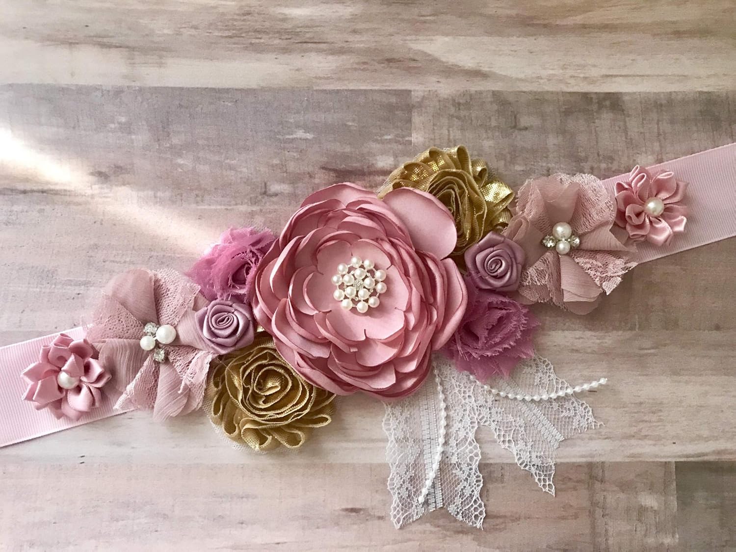 Pink Mauve And Gold Flower Sash Maternity Belly Band Flower Girl