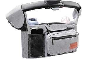 WUUTER Stroller Organizer with Cup Holder Detachable Wristlet Large Capacity Baby Stroller Bag for Mom, Fits Uppababy, Baby Jogger, Britax, BOB, More (Grey)