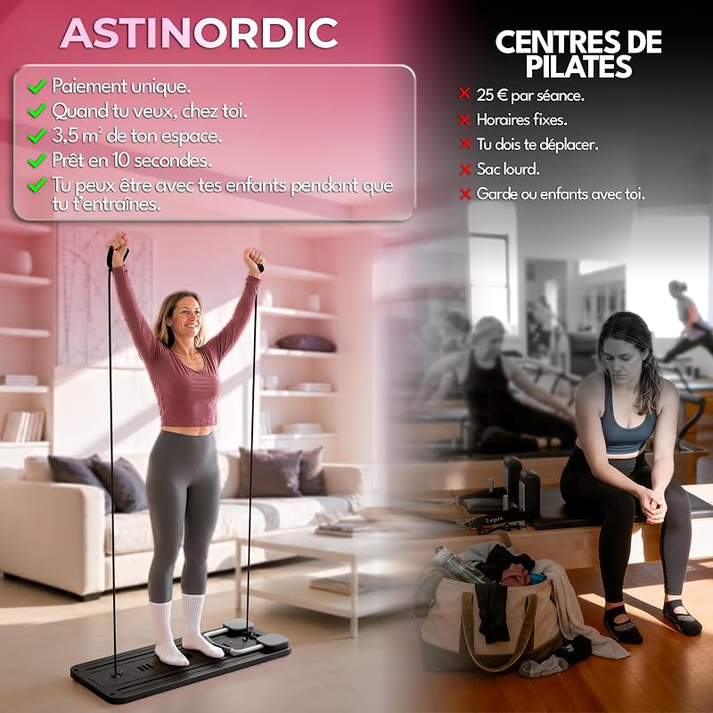 Reformer Pilates Pliable avec Accessoires & Guide 10 Exercices – Pilates Reformer Machine, Pilates Board / Planche Pilates, Mini Reformer Pilates, Appareil de Sport Maison (Noir)