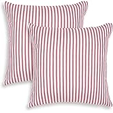 Cackleberry Home Red and White Ticking Stripe Woven Cotton Decorative Square Throw Pillow Case Covers 20 x 20 Inches, Set of 2