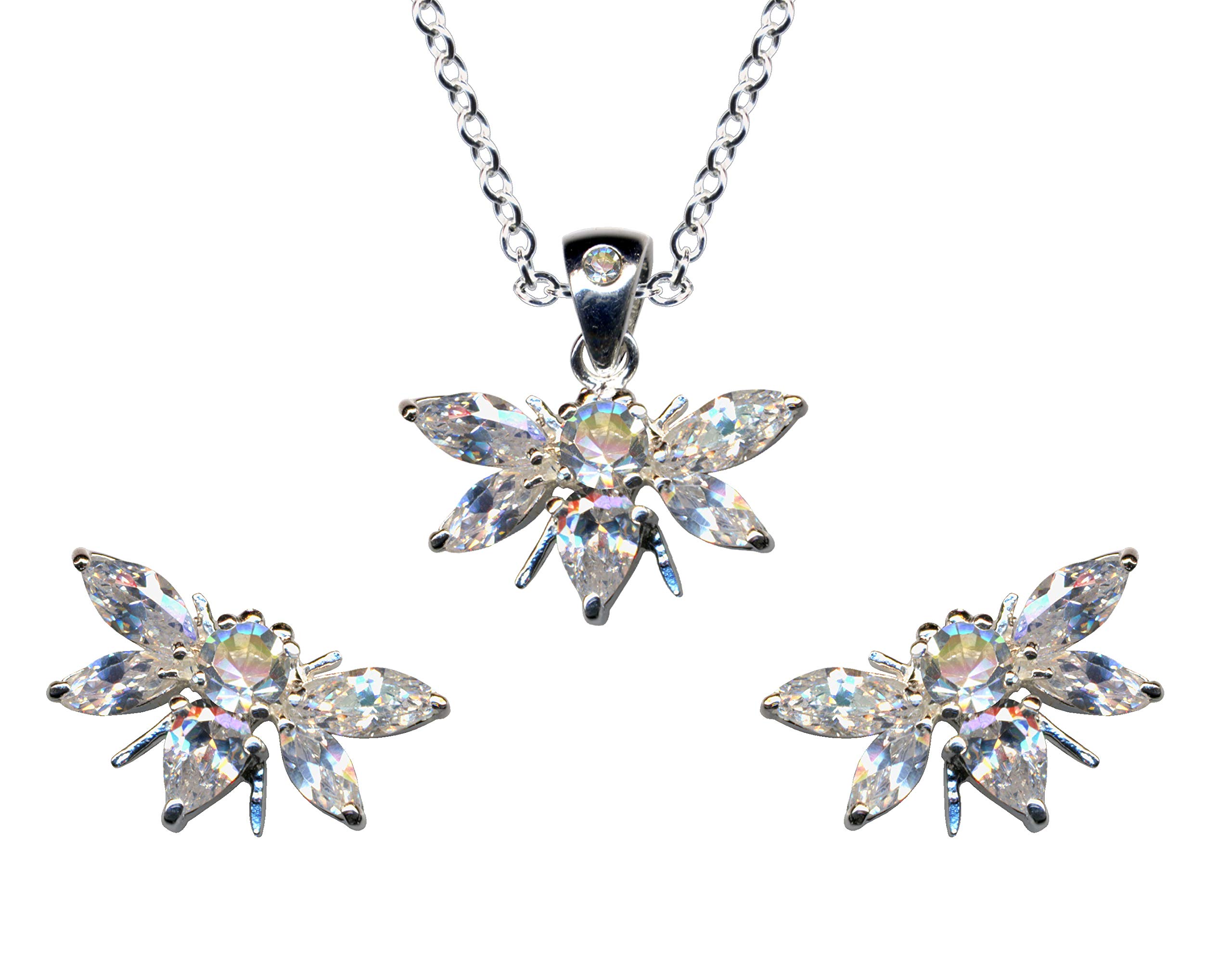55010 Jewellery Set Bee Pendant + Chain + Earrings Real Silver 925 with Zirconia / Stone Colour: Transparent White, Sterling silver 925, zirconia stones, Zirconia crystal rhinestone