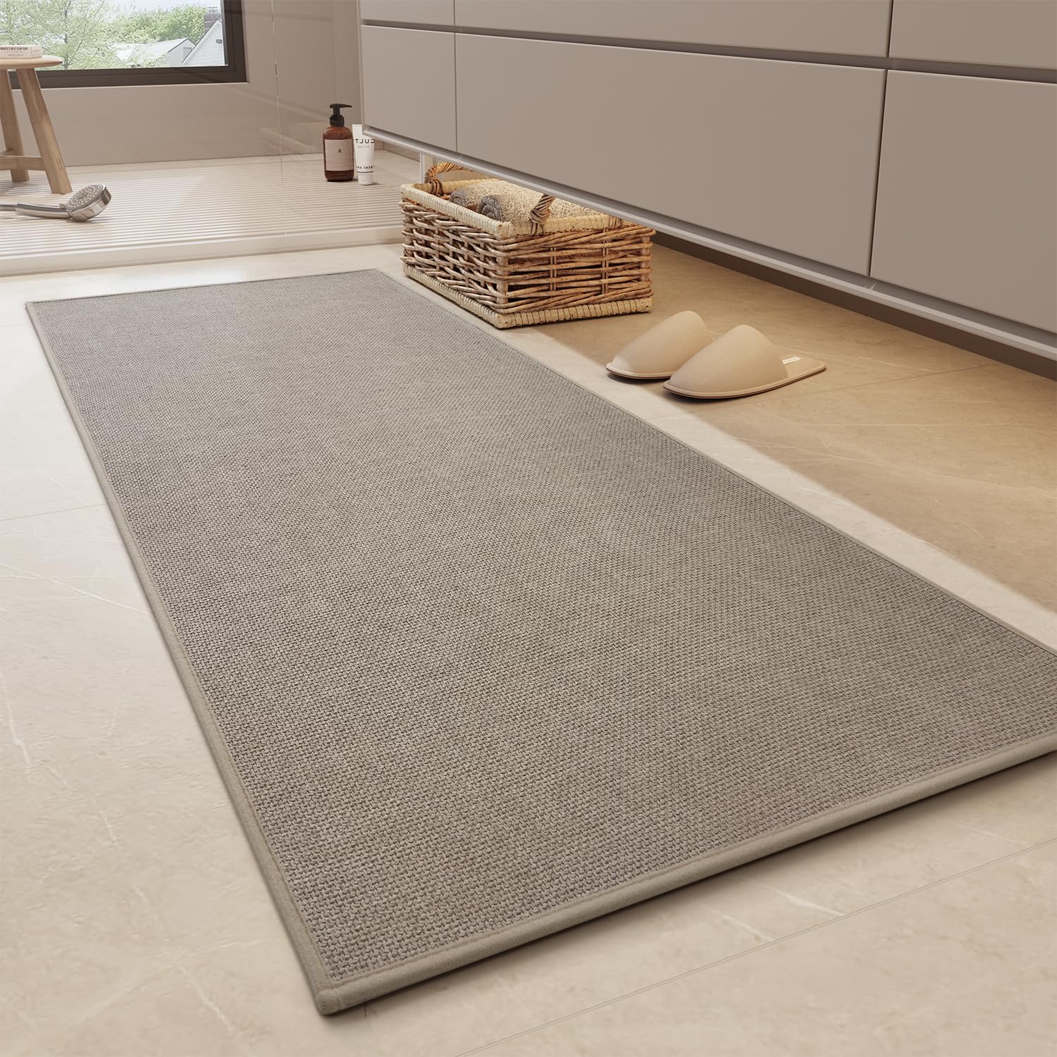 MontVoo Bathroom Runner Rug-Ultra Thin Non Slip Bath Mat Runner for Bathroom Mat Quick Dry, Rubber Backing Washable Runner Bathroom Rugs Fit Under Door, Absorbent Bath Rug,24"x47",Beigebrown