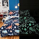 Meeting Story Space Glow in The Dark Black Kids Comforter Set,5Piece Twin Boys Bedding Set Black Dinosaur Space Bed in A Bag with Sheets