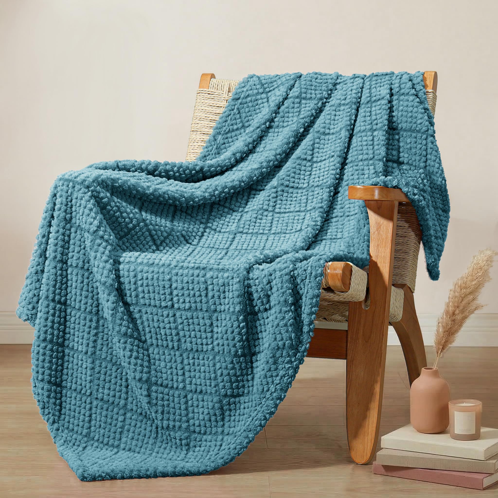 Whale Flotilla Fuzzy Fleece Throw Blanket for Sofa, Couch, Bed, 130x150 CM Soft Fluffy Jacquard Waffle Blankets for All Season, Lightweight and Warm, Slate Blue