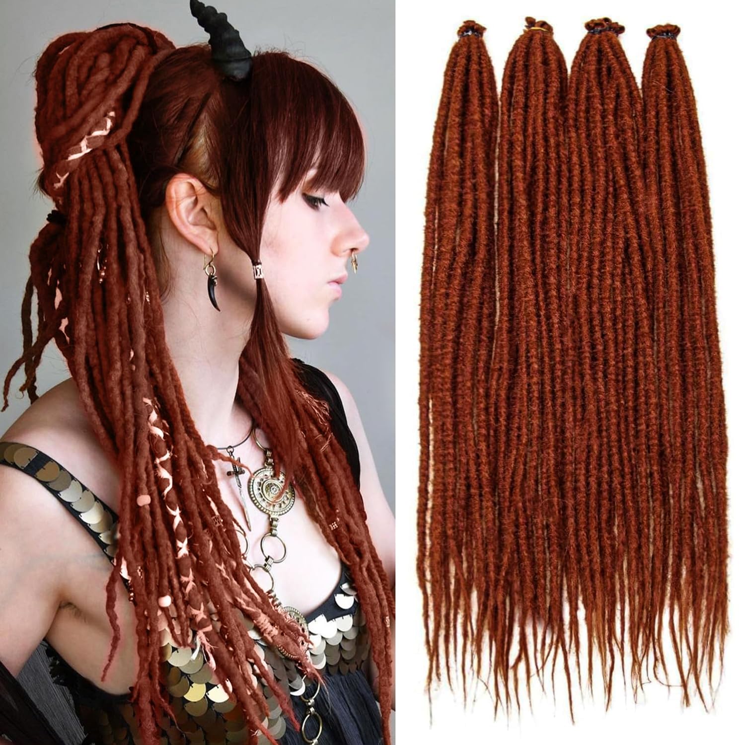 PORSMEER 20 Strands/Pack Copper Red Synthetic Dreadlocks Extensions,Handmade Hippie Dreadlock 0.6 Width Soft Dreads Hair Reggae Style Locs Crochet Braiding Hair for Women or Mens,18 inch — image 1