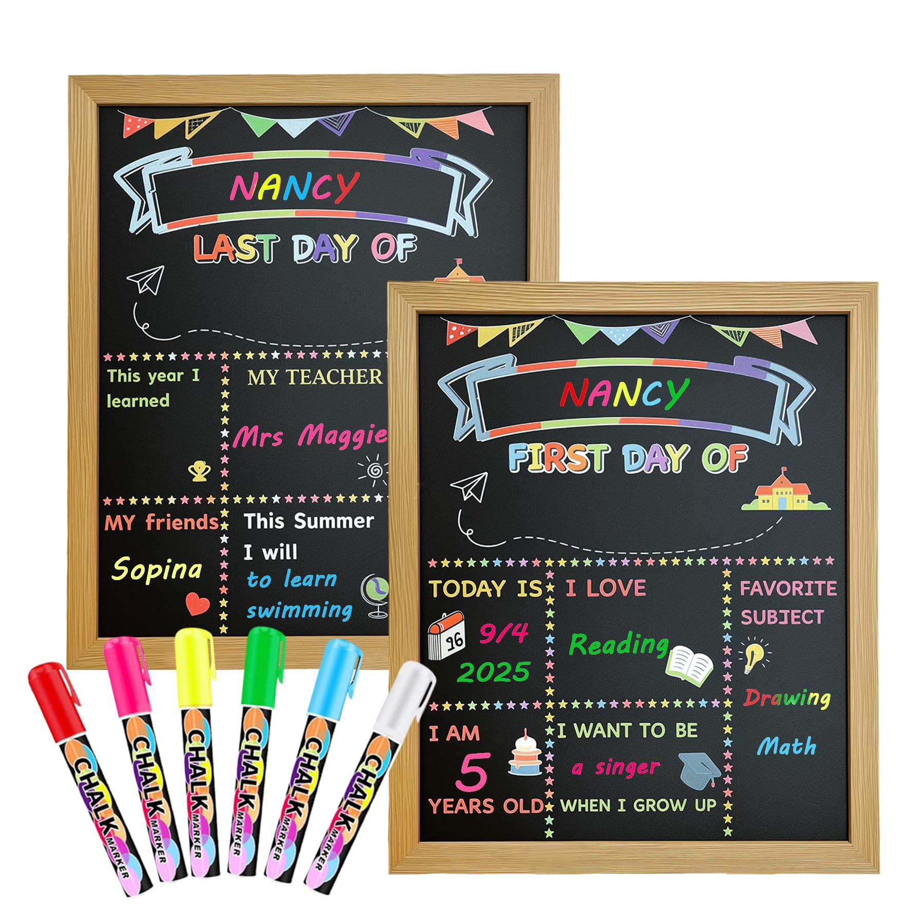Photo 1 of First and Last Day of School Board Sign– Double-Sided Chalkboard 10"x12", Reusable Back to School Supplies with Solid Wood Frame, Includes 6 Colorful Liquid Markers for All Grades Student