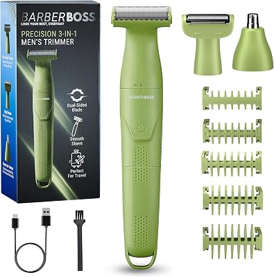 Set per la toelettatura dei dettagli, 3 in 1, per uomo, barba, parrucchiere, body groomer, trimmer naso e orecchie, rasoio senza fili con ricarica USB (Verde)