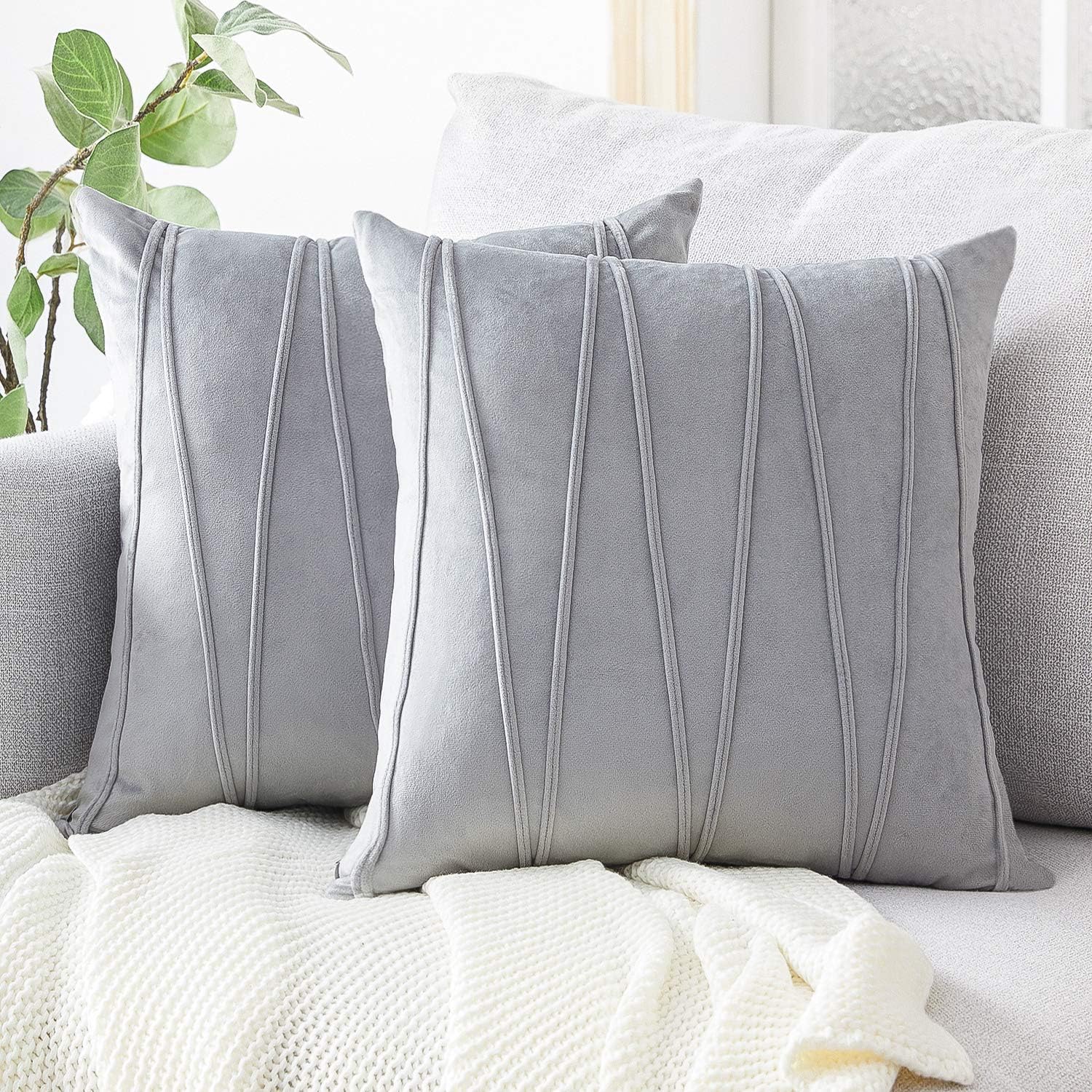 Topfinel Velvet Grey Cushion Covers Soft Decorative Square Throw Pillow Cases Stripe Design For