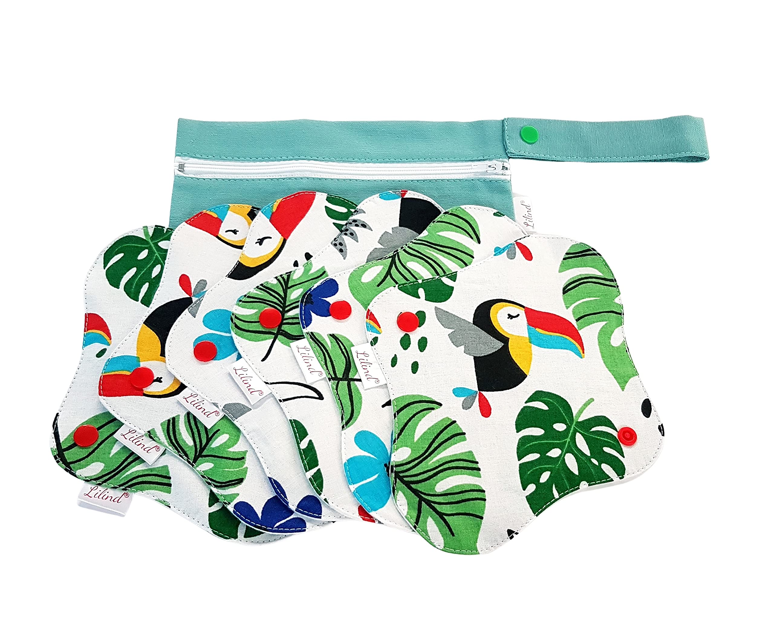 Lilind® Organic Cloth Pads, 20cm Regular, 6 Pack Starter Set, Free Zip Wet Bag, Reusable Waterproof Menstrual Sanitary Napkins, 100% Cotton, Parrots