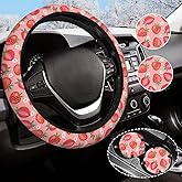 Cute Pink Strawberry Steering Wheel Cover Anti-Slip and Practical 14.5-15 Inch Universal Steering Wheel Cover with 2 Pieces Car Coasters Suitable for Men Women