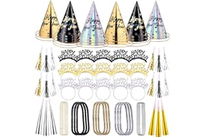 Auihiay 30 Sets New Year Eve Party Supplies New Year Photo Booth Props Includes Cone Hats, Glitter Tiaras, Squawkers, Horns and Bead Necklaces for New Year Black Gold Party Decoration