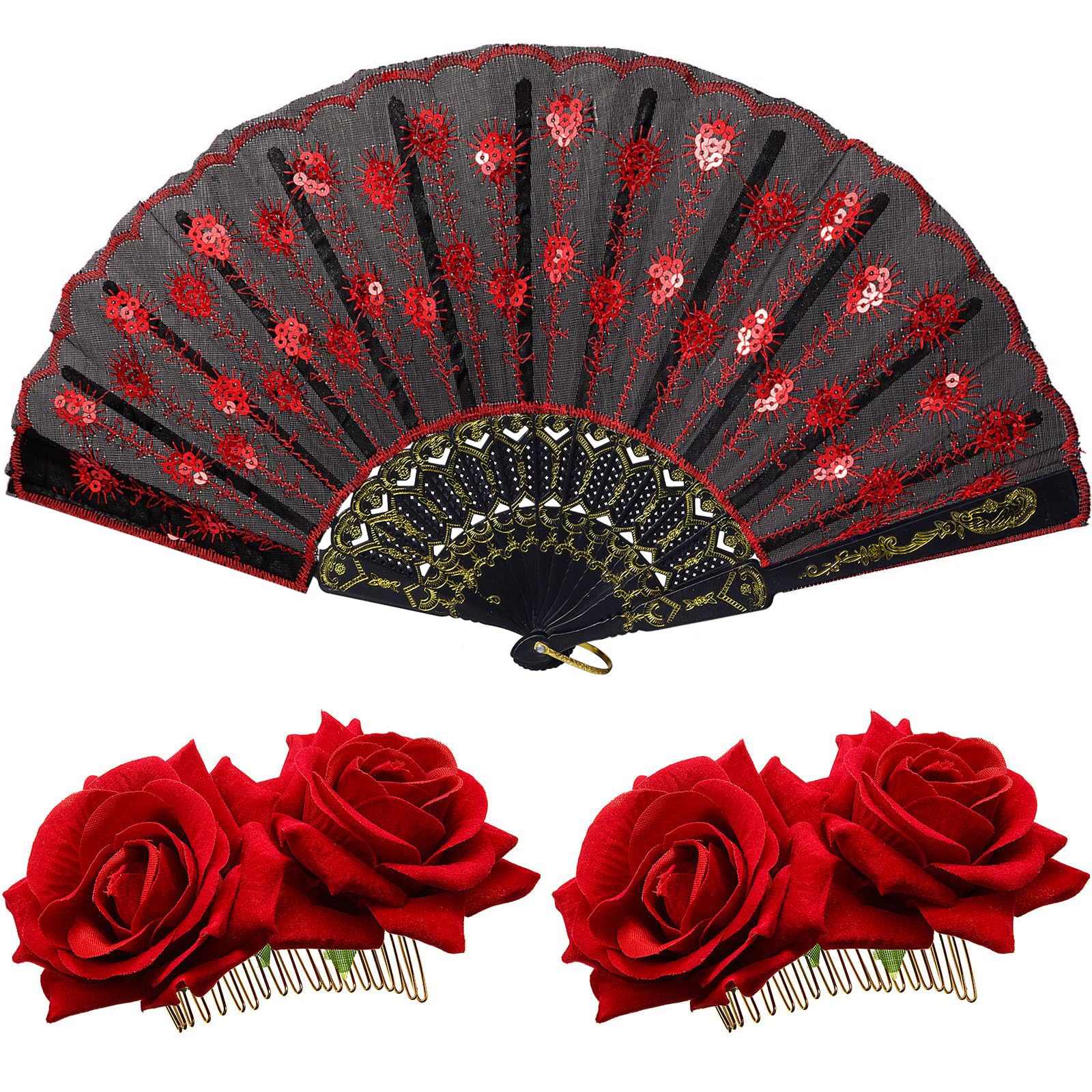 Photo 1 of 2 Pieces Women Rose Flower Hair Clip and Embroidered Sequins Fabric Handheld Folding Fan Mexican Hair Accessories for Flamenco Dancer Day of The Dead Costume Wedding Party Mother's Day(Red)