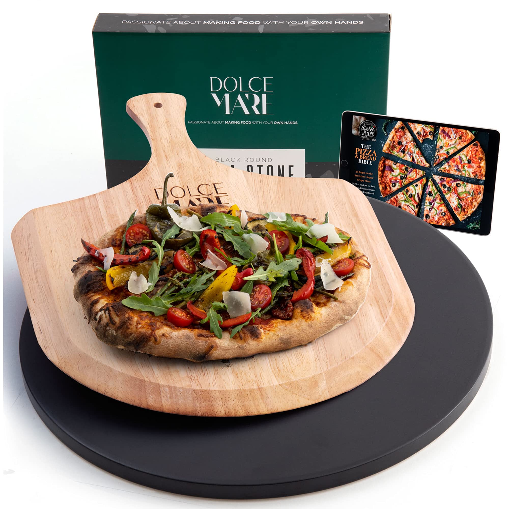 DOLCE MARE Pizza Stone Black & Round Incl. Pizza Slider - Pizza Stone Made of high Quality Cordierite for Oven & Grill - Baking Stone for Crispy Pizza Like at The Italian