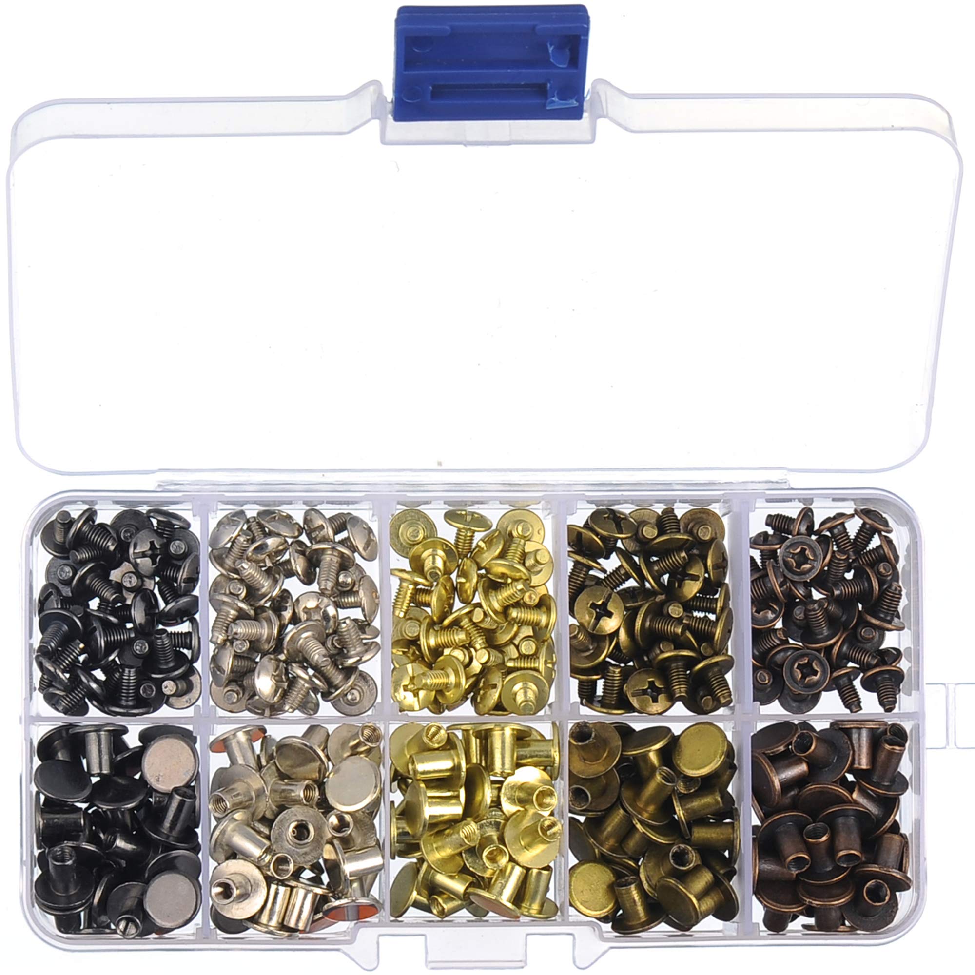 150 Sets Round Flat Head Chicago Screws Buttons Metal Studs Rivets Screwback Spots Metal Nail Rivet Studs for Leather Crafting 5/16 Inch (Mixed in Box)