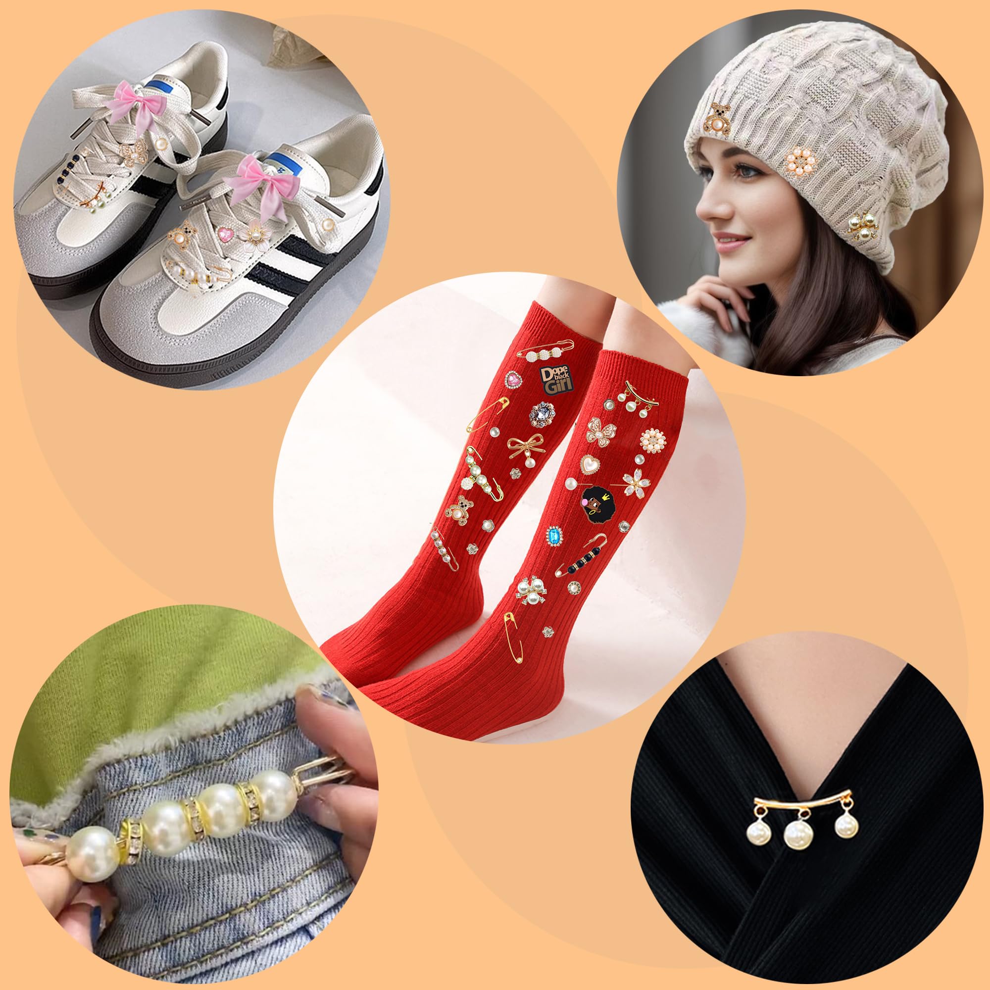XHYMIA Charms for Socks Safety Pin, 55 Pcs Junk Socks Charms Brooches and Pins for Women Shoe Clothes Hat
