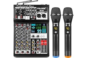 Audio Mixer, 4 Channel Sound Mixing Board With Dual Wireless Microphone & 99DSP, Professional DJ Console W/ MP3 Bluetooth 48V
