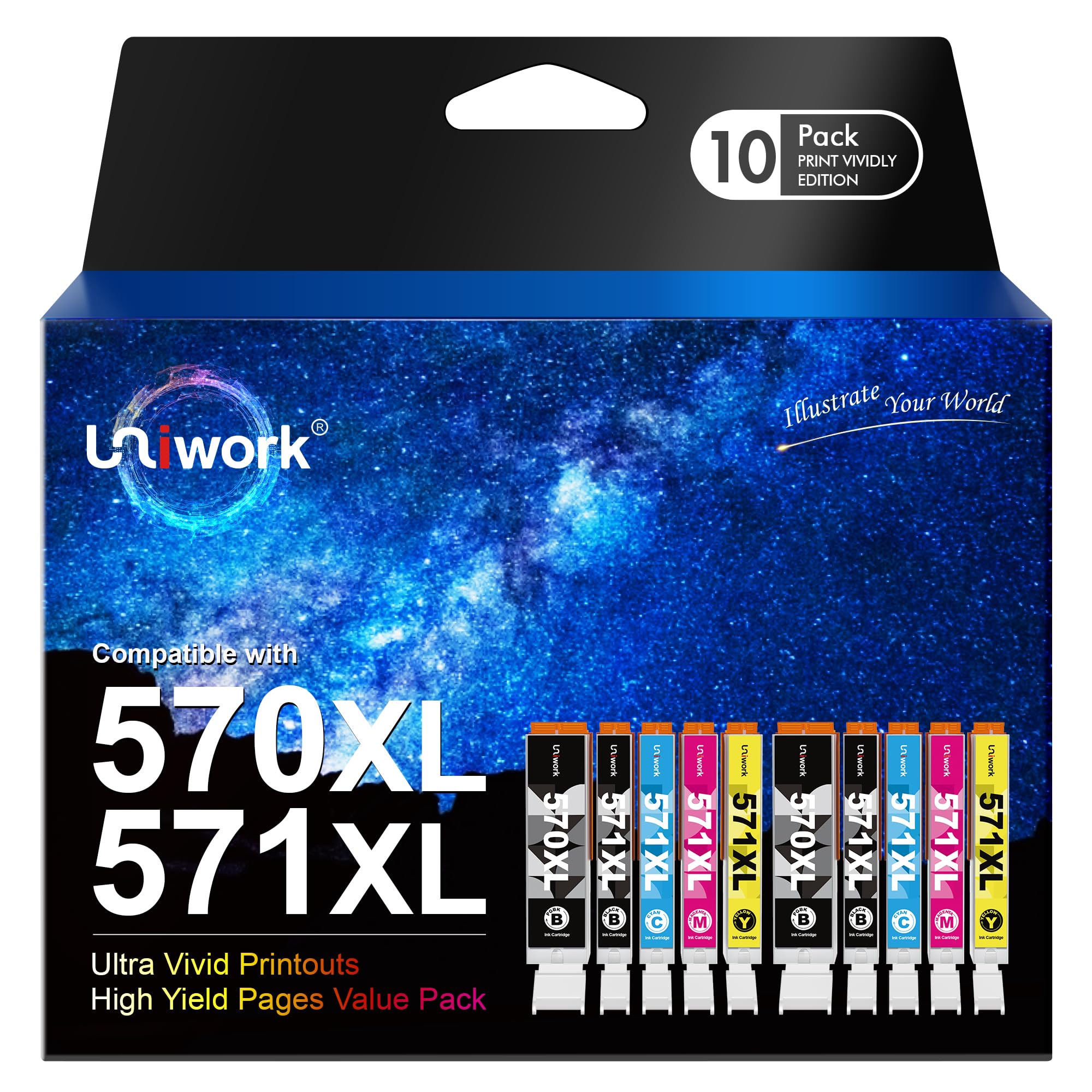 Uniwork Compatible Ink Cartridge Replacement for Canon PGI-570XL CLI-571XL Compatible with PIXMA TS5050 TS5051 TS5055 MG5750 MG5751 MG5753 TS6050 TS6051 MG6850 (PGBK Black Cyan Magenta Yellow,10-Pack)