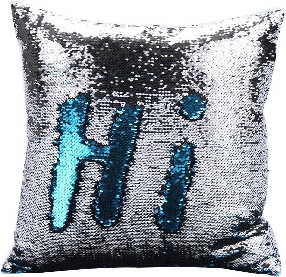 Hihoddy 40 x 40 cm Sequin Pillow Reversible Sequins Mermaid Pillowcase Personalised Sequin Cushion Cover Lake Blue and Silver Insert not Included 16 x 16 inch