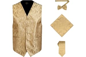 Oliver George Men's 4pc Paisley Design Waistcoat Tuxedo Dress Vest Necktie Bowtie Handkerchief Set for Suit or Tuxedo
