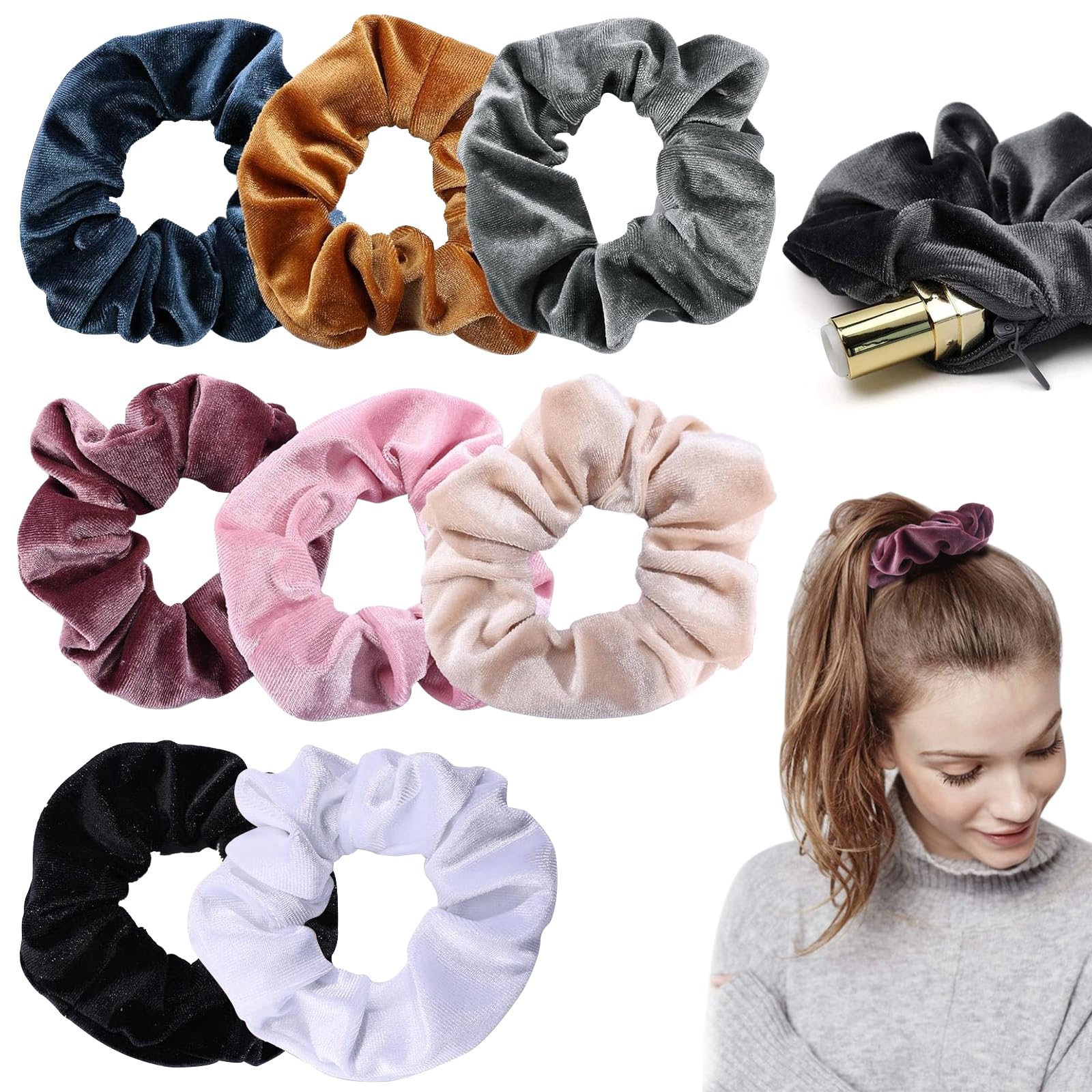 MOFASVIGI Scrunchies with Zip Hidden Pocket for Women and Girls, Premium Velvet Scrunchy with Zipper Pocket, Soft Ropes Ponytail Holder, Cute Hair Ties Elastic Thick Bands Hair Accessories, 8 Pack