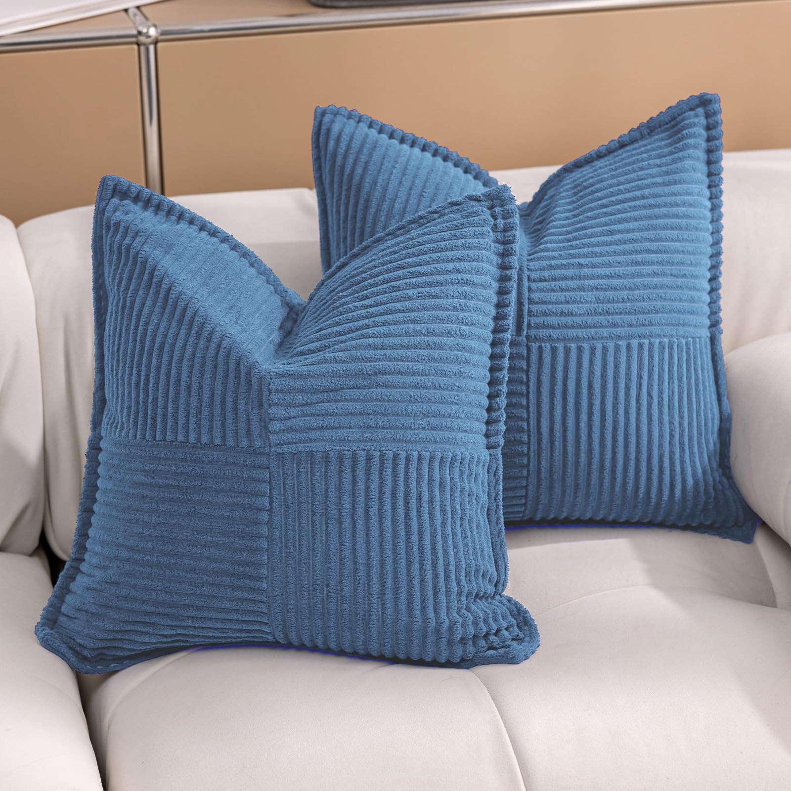 Puncuntex Dusty Blue Throw Pillow Covers 20×20 Inches Set of 2 Corduroy Boho Decorative Soft Square Striped Cushion Covers for Couch Sofa Living Room 50×50CM
