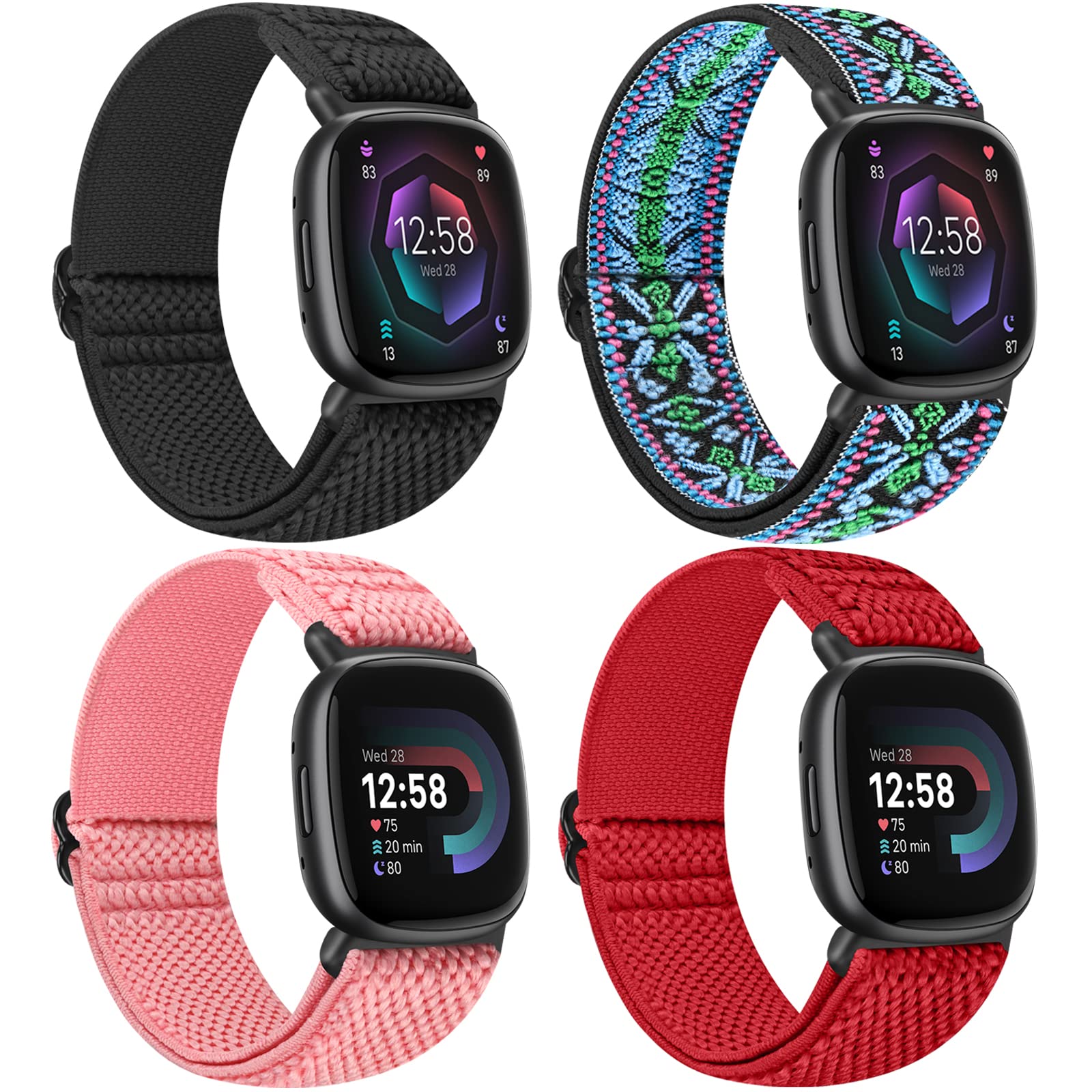 Photo 1 of Nidoujin Elastic Bands Compatible for Fitbit Versa 4/Fitbit Sense 2 Straps/Fitbit Versa 3/Fitbit Sense Bands Men Women, 4 Pack Adjustable Breathable Stretchy Nylon Loop Sports Replacement Wristband