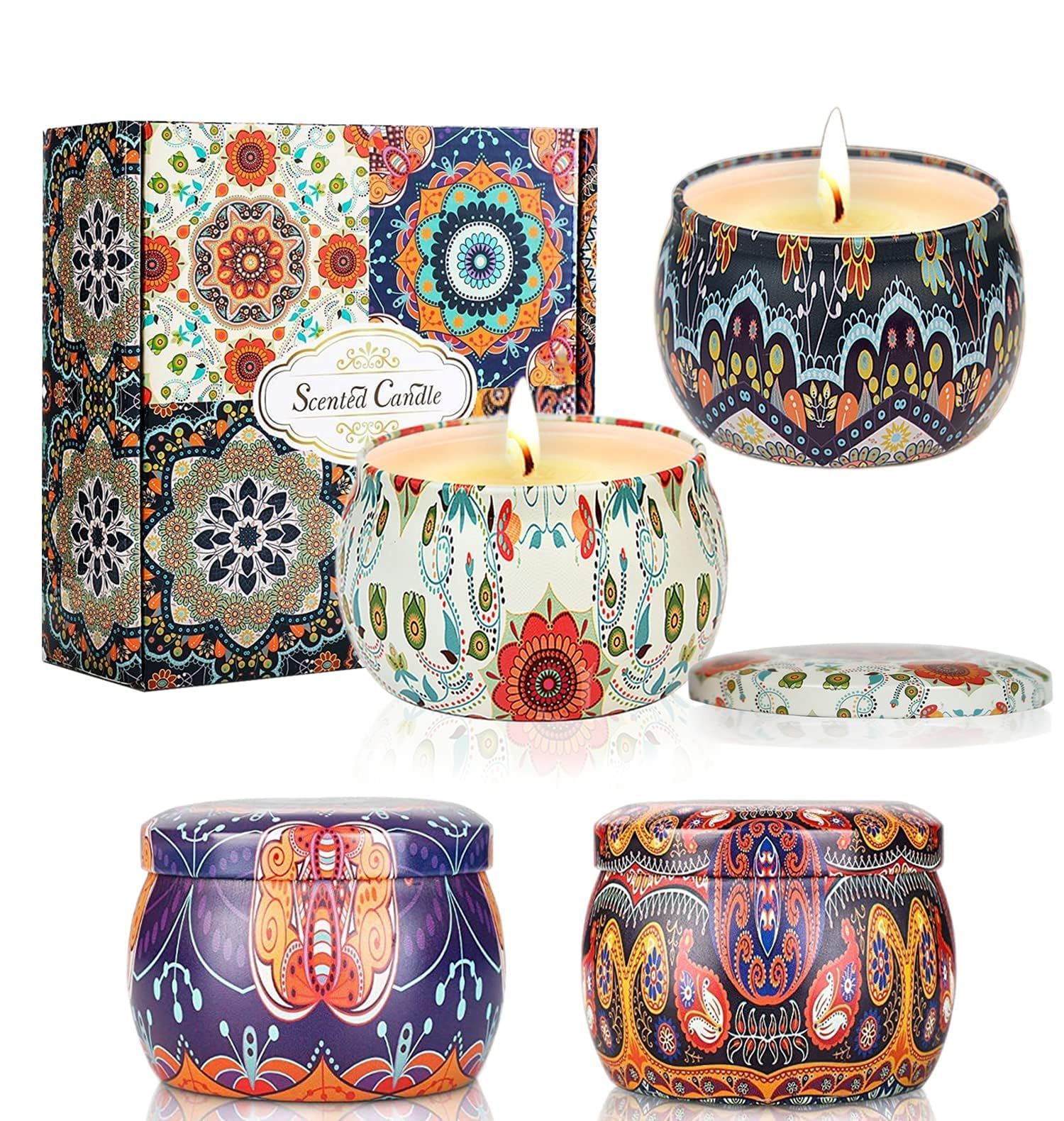 Scented Candles Gift Set for Women, 4 Pack Natural Soy Wax Aromatherapy Vanilla,Lavender,Rose,Jasmine 4.4 Oz Travel Tin Fragrance Relaxing Stress Relief Aroma Home Yoga
