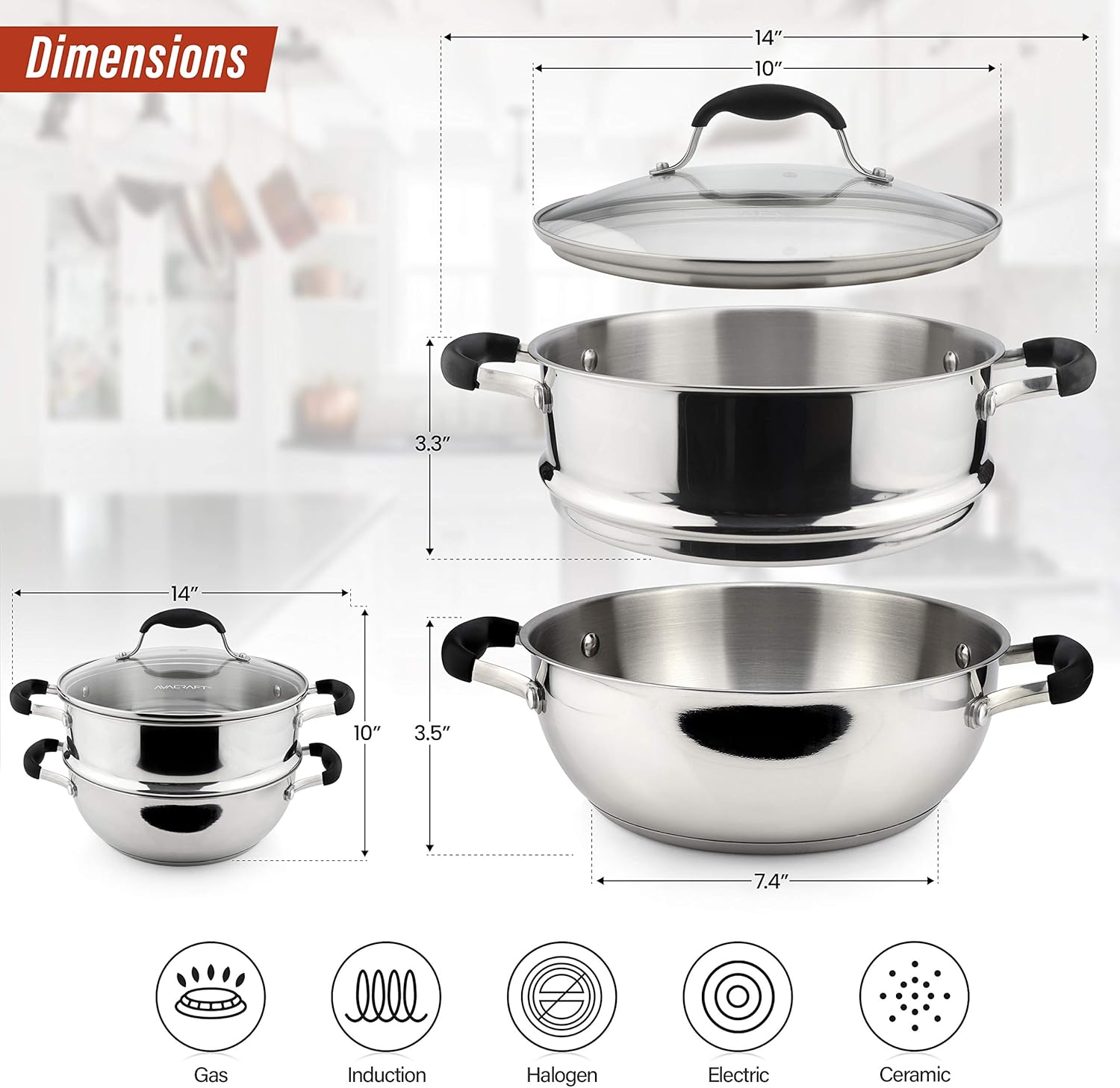 AVACRAFT 18/10, 3 Piece Stainless Steel Steamer Cooking Pot Set, Steamer for Cooking, Everyday Pan, Steamer Pan Set, with Glass Lid, Induction Cooktop Pan: Kitchen & Dining