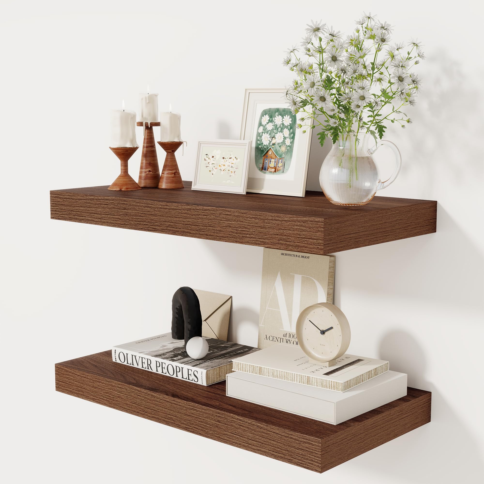 Photo 1 of 12 Inch Deep Floating Shelves, 24 x 12 Floating Shelf for Books, Rustic Wood Deep Wall Shelves for Home Storage & Display, 2" Thicked Shelves for Kitchen, Living Room, Bedroom, Walnut Color, 2 Pack