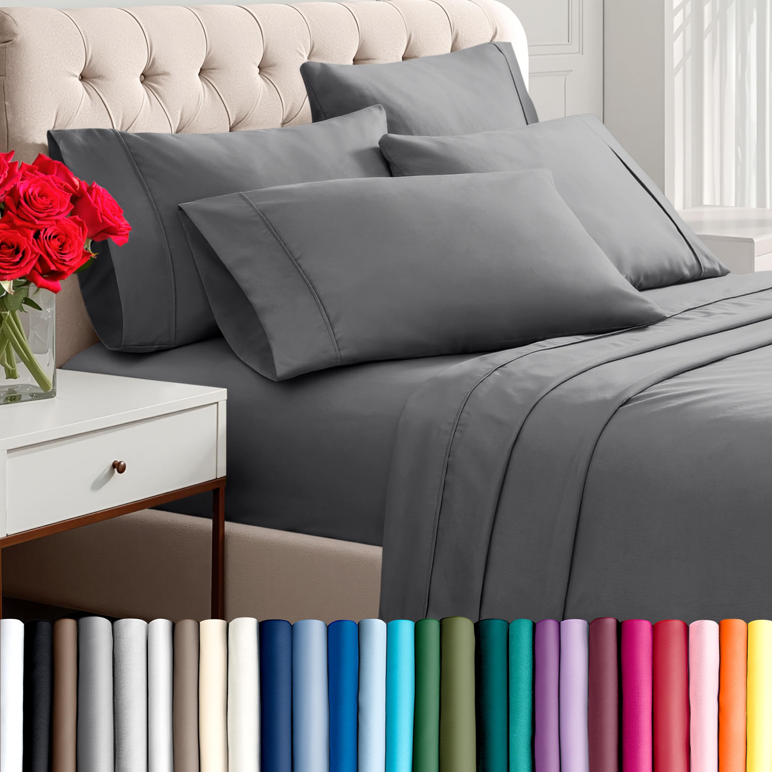 Bare Home Hotel Luxury Queen Sheet Set, Extra Soft - 6 Piece Set - Deep Pockets - Easy Fit - Cooling & Breathable - Wrinkle, Fade, Stain Resistant - Includes 4 Pillowcases (Queen, Grey)