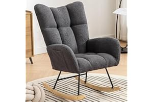 Whalemon Rocking Chair Nursery, Teddy Upholstered Glider Rocker with High Backrest, Reading Chair Modern Rocking Accent Chairs Glider Recliner for Living Room, Nursery, Bedroom,Gray