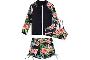 Funnycokid Girls Swimsuit 3 Pieces Zip Rash Guard Set Bikini Bathing Suits Boyshort Summer Kids Swimwear 3-12 Years