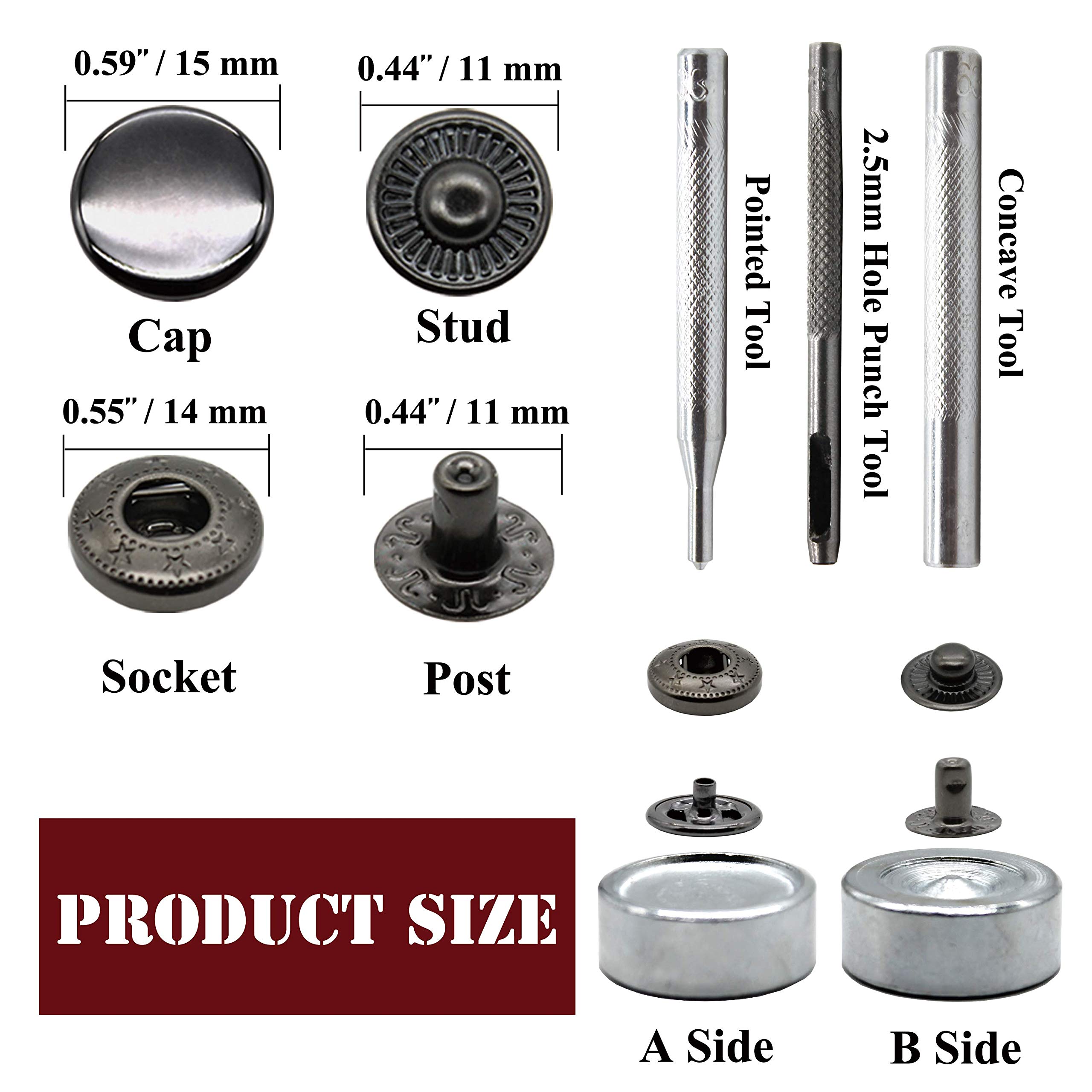Raydodo 12 Set Leather Snap Fasteners Kit, 15mm Metal Snap Buttons Kit Press Studs with 4 Install Tools, Rivets and Snaps for Clothing, Jeans, Jackets, Bracelets, Bags (Black)