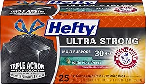 Hefty Ultra Strong Multipurpose Large Trash Bags, Black, White Pine Breeze Scent, 30 Gallon, 25 Count