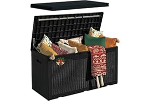 GUNJI 100 Gallon Deck Box with Cushion, Outdoor Resin Large Storage Box Lockable Waterproof & UV Resistant Storage Bench for 