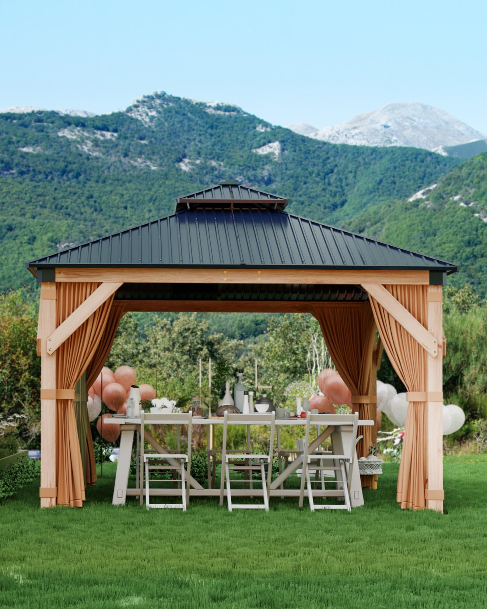 Photo 1 of ***Missing Box 5 and 6***

GarveeLife Hardtop Wood Gazebo 12'x12' for All Weather, with Double Metal Roof, Heavy Duty Wooden Frame, Net, and Curtain, Permanent Building for Patio, Deck, Backyard, Lawn, and Garden, Khaki