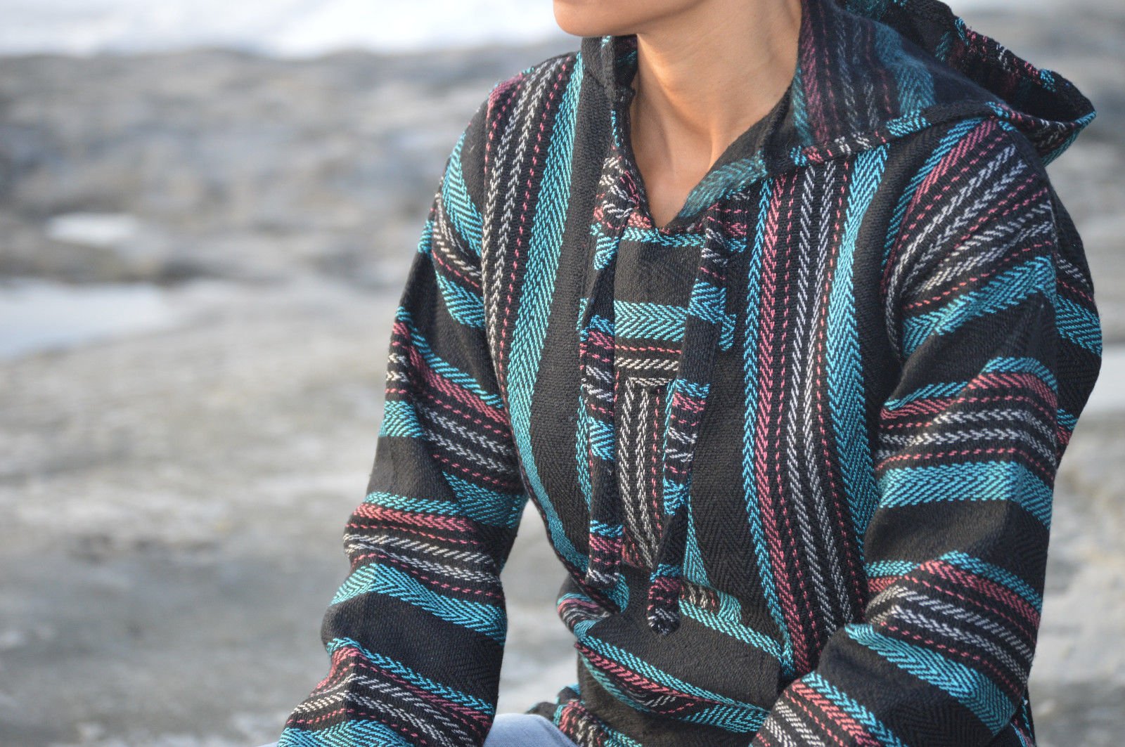 Mexican Baja Hoodie Pullover Jerga Drug Rug Sweater Black Teal Rust