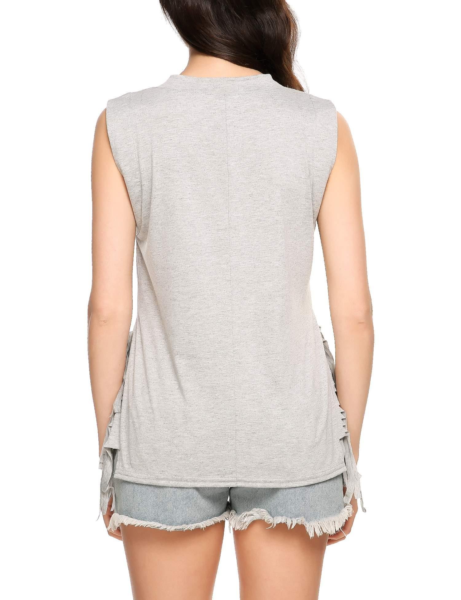 ELESOL Women V Neck Sleeveless Loose Fit Side Split Tassel Tank Top Gray XXL