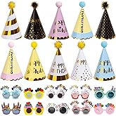 Koeilay 20 Pcs Birthday Party Hats for Adults Birthday Sunglasses Funny Rainbow Party Cone Hats with Pom Poms Photo Props Supplies(Bright Style)