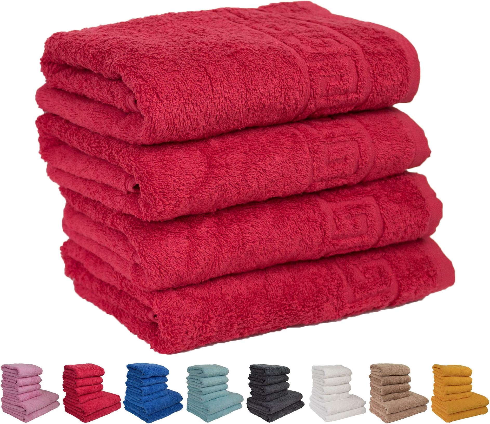 10 RED BATH TOWELS SET, 70X140 LARGE SIZE 100% NATURAL COTTON 500 GSM THICK ABSORBENT TOWEL, HOTEL QUALITY RINGSPUN, WHOLESALE BATHROOM TOWELS