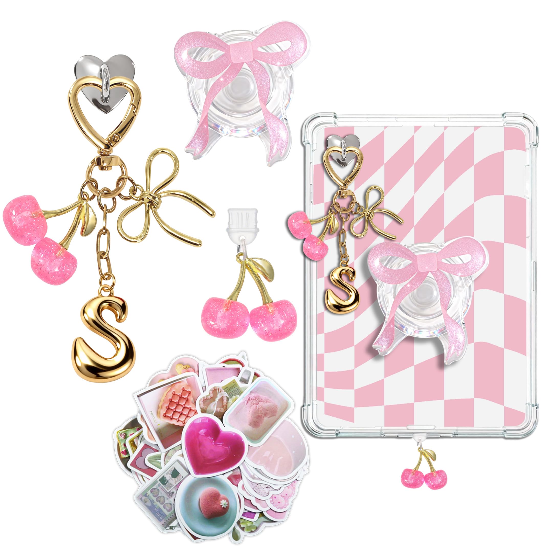 JINGSEN Cute Charms Set for Phone,Grip Holder,Dust Plug Charm Type C/USB C,Charms Compatible for Phone,Kindle for Women(Pink Cherries S)