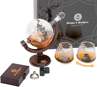 Grimm & Brothers: Whiskey Karaffe 850ml- 2 Whisky Gläser- 9 Whiskey Steine- Whiskey Geschenk- Gläser Set- Whiskey Zubehör- Männer Geschenke- Whisky Karaffe Globus mit Gravur- Luftdichter Verschluss