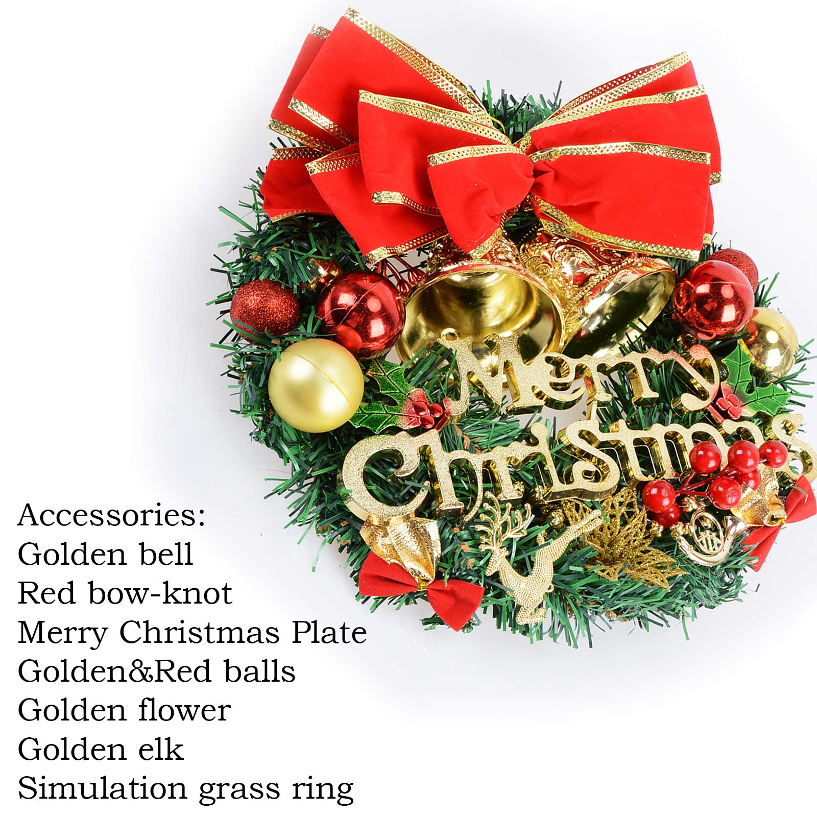 Voilamart Christmas Wreath 30CM/12Inch Artificial Garland with Bells Baubles and Red Bowknot Xmas Decorations for Fireplaces Stairs Wall Door
