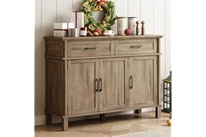 ONBRILL 48 Inches Buffet Cabinet with Storage, Farmhouse Sideboard Buffet w/2 Drawers and 3 Doors, Wood Coffee Bar Cabinet with Adjustable Shelves, Sideboard Storage for Kitchen, Living Room, Washed Grey