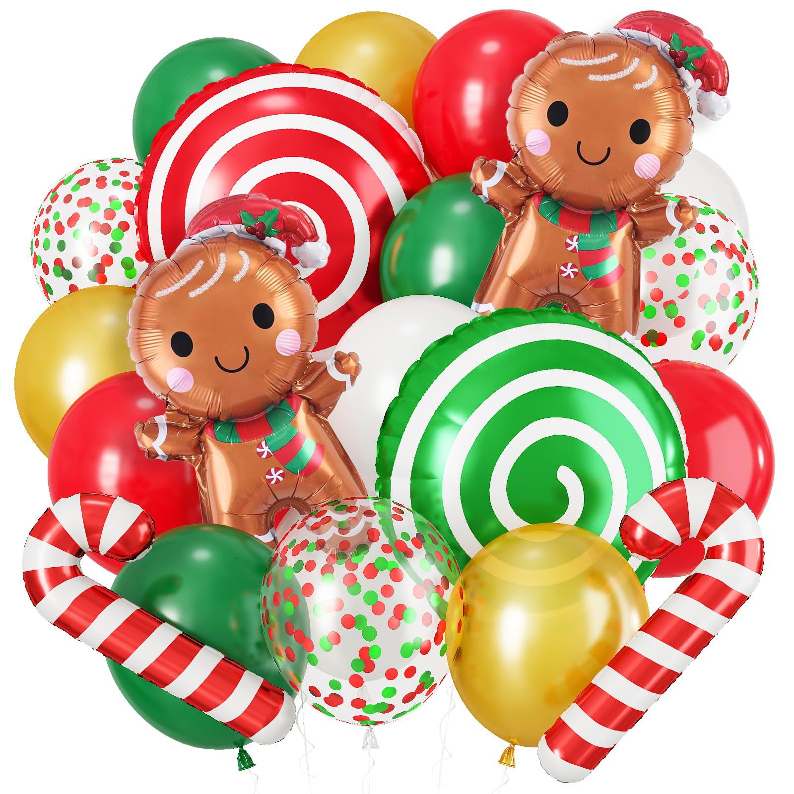 Christmas Balloons, Red Green Gold Xmas Balloons, Christmas Decor with Candy Cane Gingerbread Man Foil Balloon Confetti Balloon Set for Gingerbread House Party Decorations