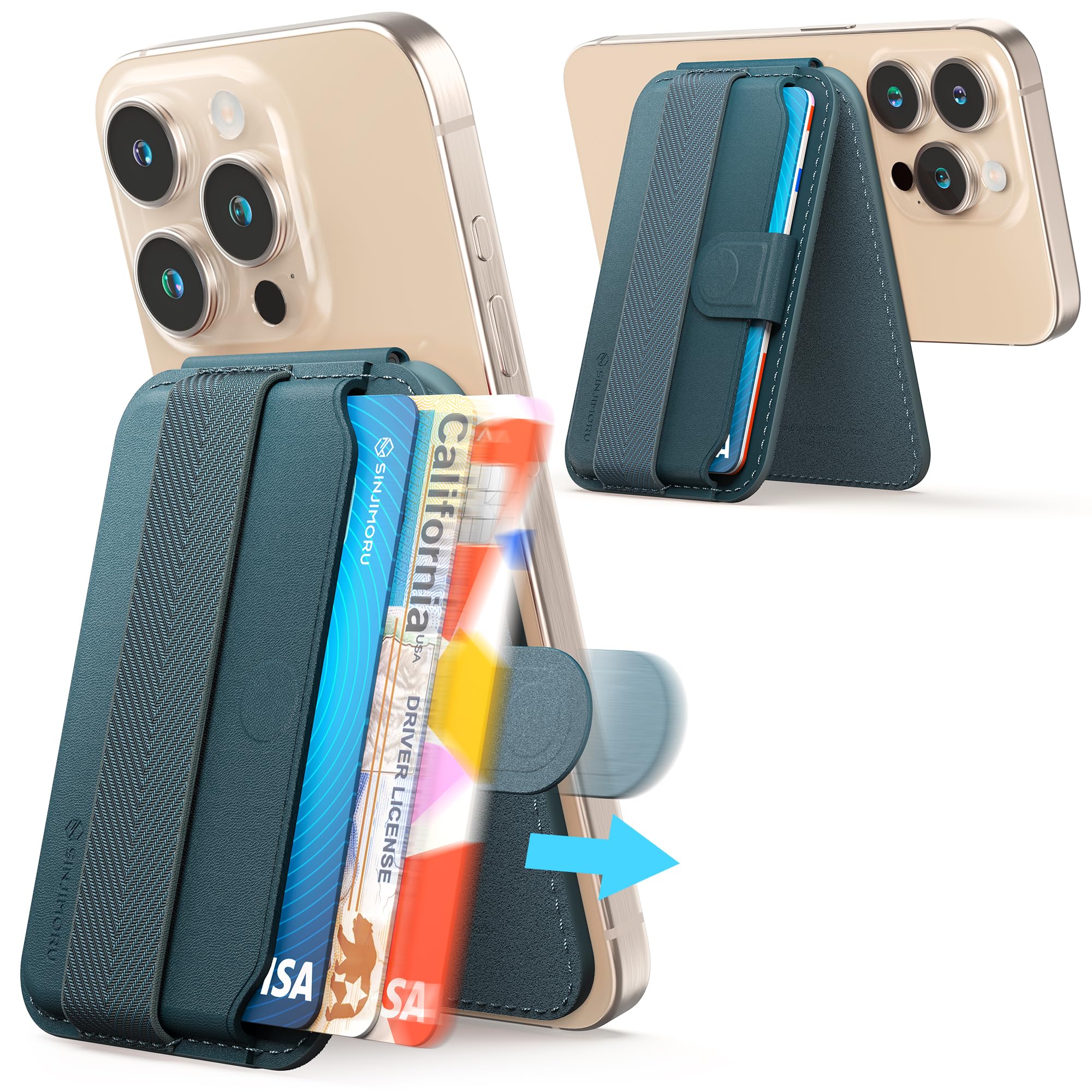 Sinjimoru Pull & Eject Magnetic Wallet for iPhone, Phone Wallet with Adjustable Stand, Compatible with MagSafe Wallet, M-Pull Tab Stand Marine Blue