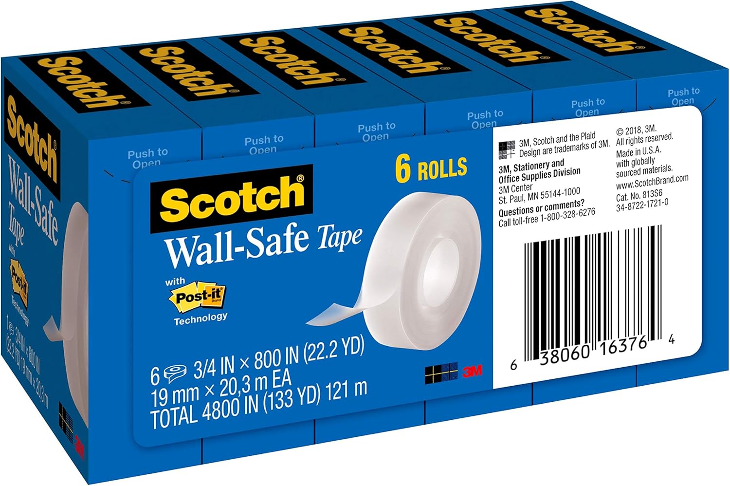 3/4 x 800 Inches Scotch WallSafe Tape 813S6 Designed for Hanging