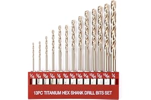 AIMLENTOOL 13 Pcs Titanium Coated Twist Hex Shank Drill Bit Set, 135 Degree Tip HSS Impact Drill Bit Set with Storage Case for Metal, Aluminum, Steel, Wood, Plastic, Quick Change Design 1/16" to 1/4"