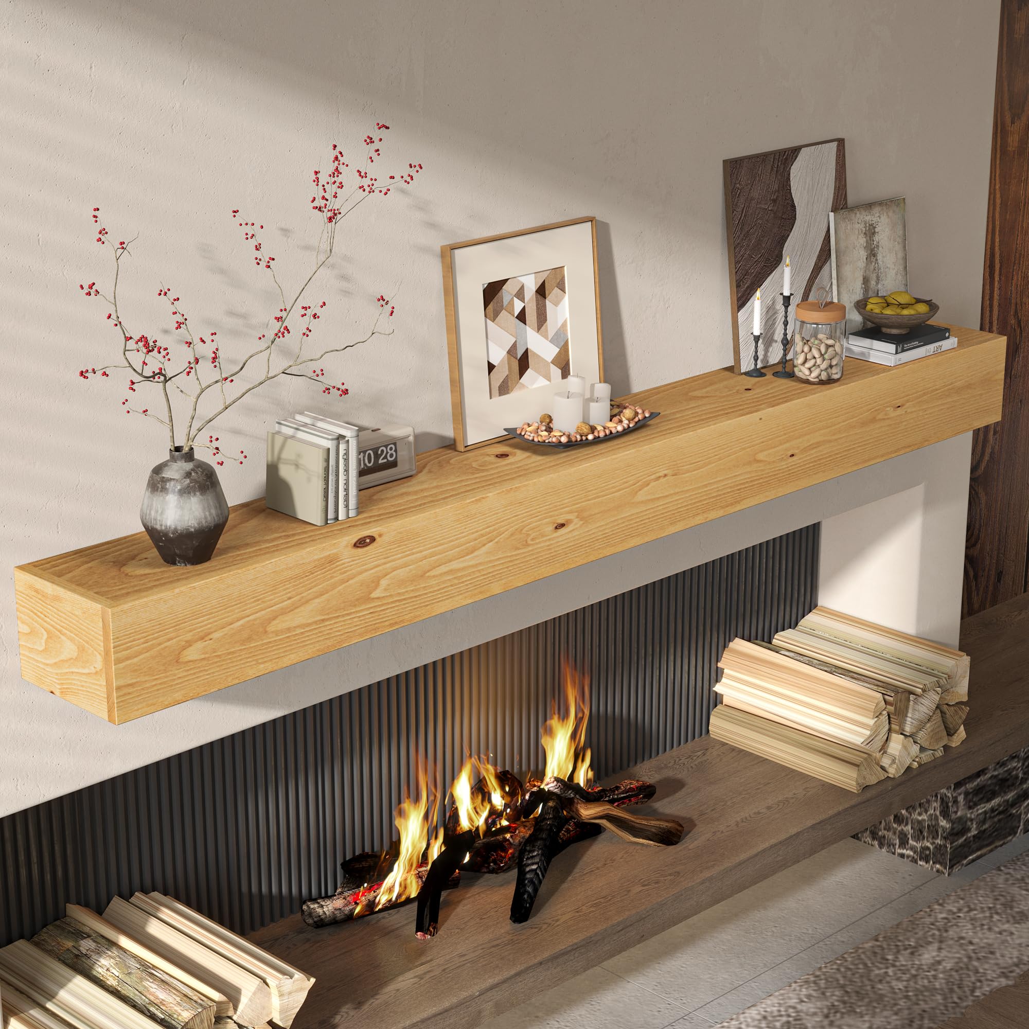 Photo 1 of Fun Memories 72" Fireplace Mantel, 5" Thick Wall Mounted Shelves for Over Fireplace, Solid Wood Farmhouse Long Floating Shelves, Handcrafted Wooden Fireplace Mantle, 72" x 8" x 5" - Natural