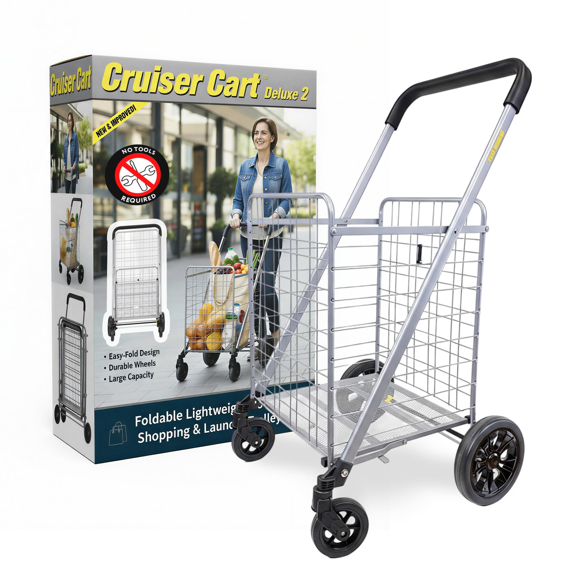 Photo 1 of **MISSING BIG WHEELS**dbest Products Cruiser Cart Deluxe 2 - Foldable Shopping Cart with Wheels for Groceries - Heavy Duty Utility Cart with Brake System - Collapsible Laundry Cart - USA Designed - Holds 100 lbs - Silver